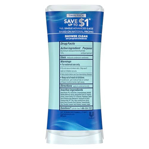 Degree Antiperspirant Deodorant Shower Clean Twin Pack 72-Hour Sweat & Odor Protection Antiperspirant for Women with Body Heat Activated Technology 2.6 oz