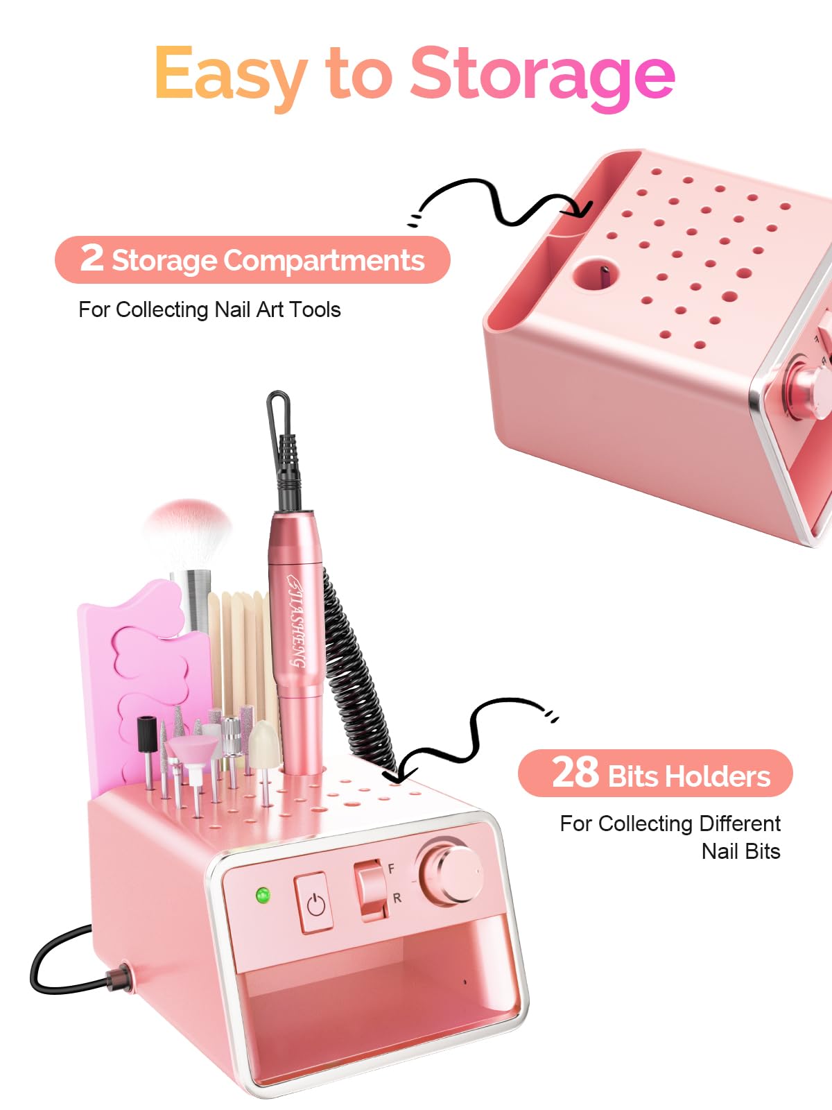 Electric Nail Drill Machine, Professional Electric Nail File for Dip Powder Nail Filer, Efile Manicure and Pedicure Tools with Storage Nail Accessories Function for Grinding Polishing Trimming，Pink