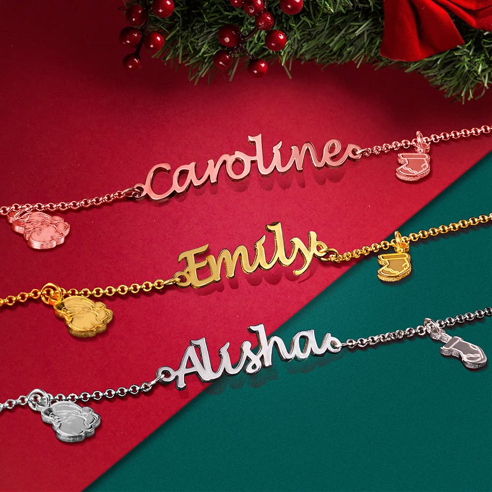 AILIN Custom Christmas Bracelet For Women With Xmas Trees/Santa Claus/Stockings/Hats Charm Sterling Silver 925 Personalized Name Bracelets Jewelry Gifts For Her Mother Daughter