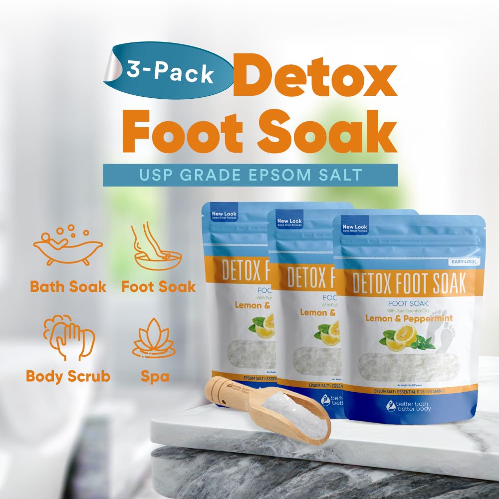 Detox Foot Soak (3 Pack Plus Scoop) Epsom Salt Soothing Soaks and Athlete's Foot Detox with Essential Oils in BPA Free Pouch with Press Lock Seal (Bundle with Three 2 Lbs Pouches 6 Lbs Total)