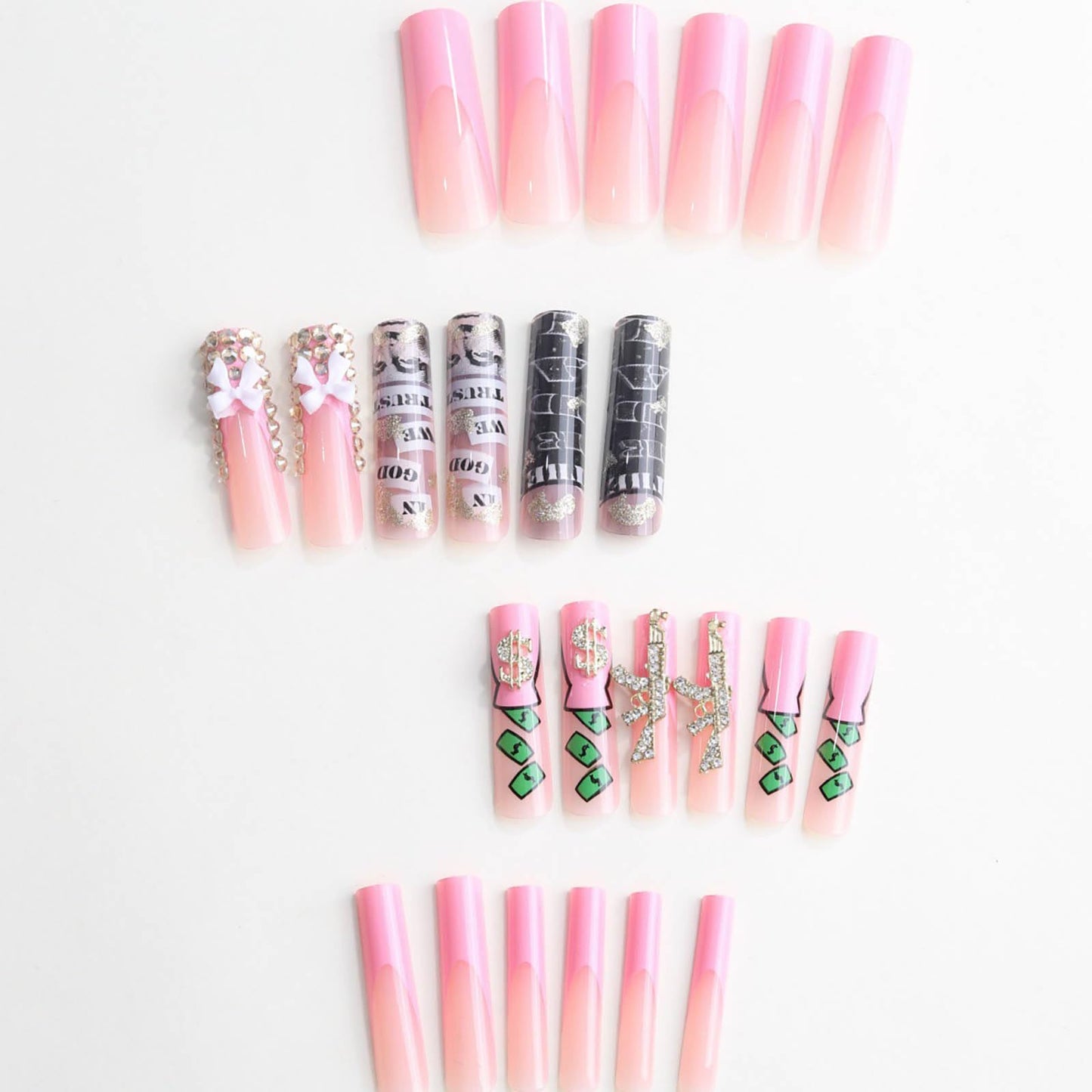 RUOKEXIN Square Press on Nails Long Fake Nails French Tip False Nails with 3D Bow Designs Long Nail Press ons Sparkly Artificial Nails Rhinestones Glue on Nails Cute Stick on Nails for Women 24Pcs