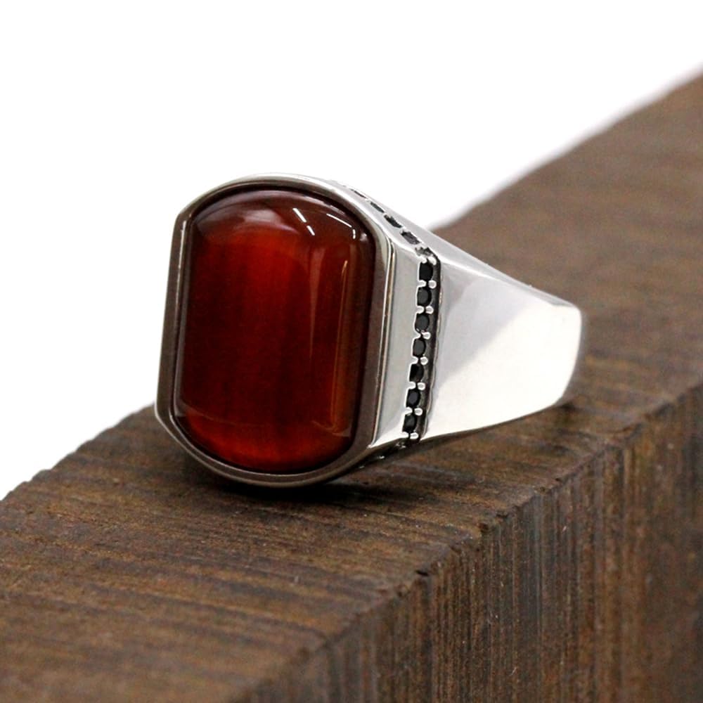 Fashion S925 Silver Ring Simple Smooth Design Men's Ring Set Small Zircon with Natural Curved Black Agate Luxury Türkiye Jewelry Christmas Gift (11, Red)