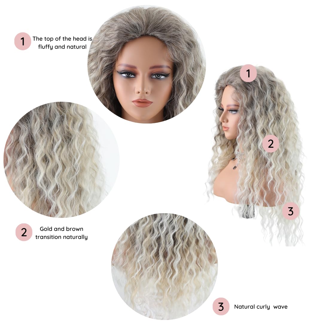 Fencca Ash Blonde Long Curly Wigs for Women Ombre Color Heat Synthetic Curly Wig Mix Blonde Curly Wavy Wig Layered Natural Daily Party Wig