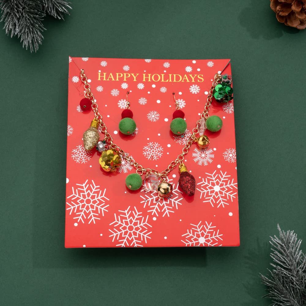 Madison Tyler Christmas Necklace Jewelry Set for Women | Statement Christmas Jingle Bells Light Bulbs Necklace | Dangle Ball Earrings | Xmas Holiday Necklaces Gifts