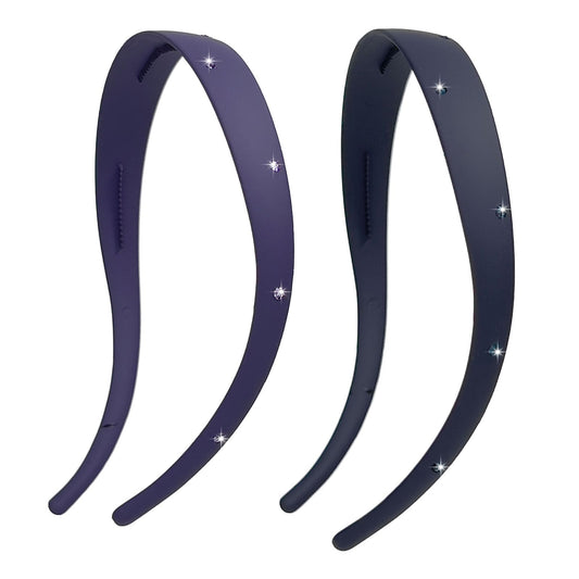 KOVOLITU 2 Pack Rhinstone Plastic Plain Headbands for Women, Headband Designed for Eyewear, Fashion Skinny Headbands with Teeth(Purple,Dark Blue)