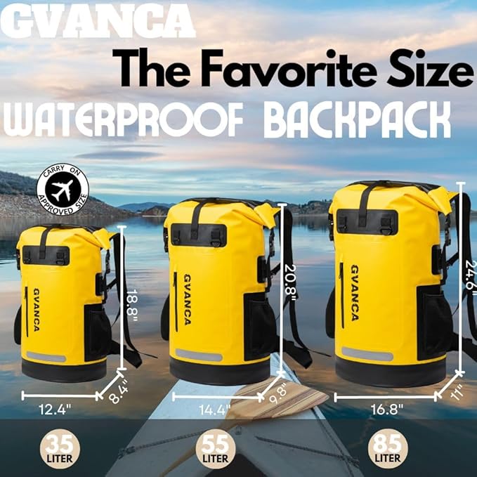 Waterproof Dry Bag Backpack for Kayaking, Roll Top Kayak Dry Backpack, Floating Outdoor Dry Sack Boating Sailing Canoeing Rafting Fishing Camping 55L Yellow
