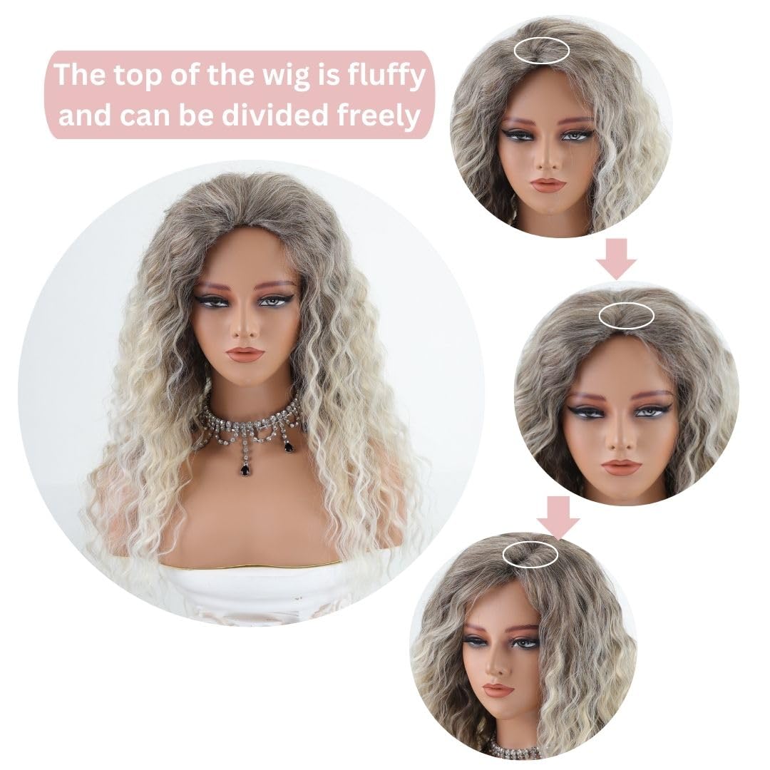 Fencca Ash Blonde Long Curly Wigs for Women Ombre Color Heat Synthetic Curly Wig Mix Blonde Curly Wavy Wig Layered Natural Daily Party Wig
