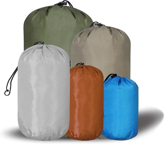 Small Drawstring Bags Stuff Sack Set 5-Pack,Colorful 3L/5L/9L/15L/20L Ultralight Ditty Bags with Dirty Flap for Camping,Hiking,Travelling or Laundry (Blue&Golden&Grey&Yellow&Green)