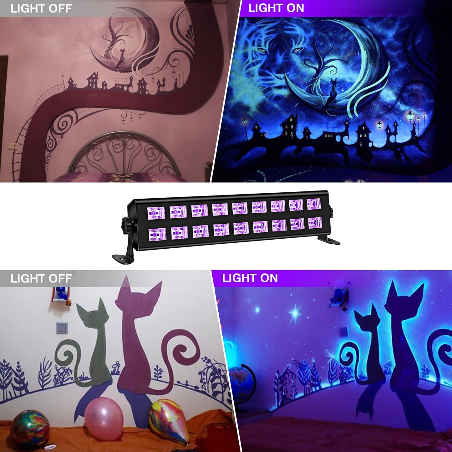 Black Light Bar Glow Party - 54W 18LEDs Powerful UV Black Light Glow in The Dark Party Supplies for Blacklights Party Body Paint Birthday Music Dance Nightclub Halloween Christmas Stage Lighting