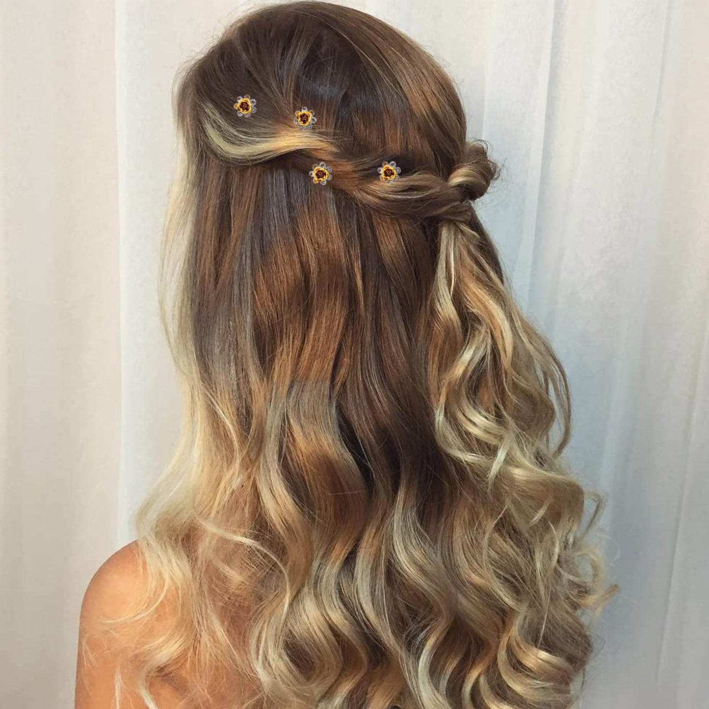 QIUTIMIY 20 Pack (Yellow) Crystal Hair Pins Rose Flower Rhinestone Hair Clips for Bridal Wedding Women Hair Jewelry Accessories, with Clear Container