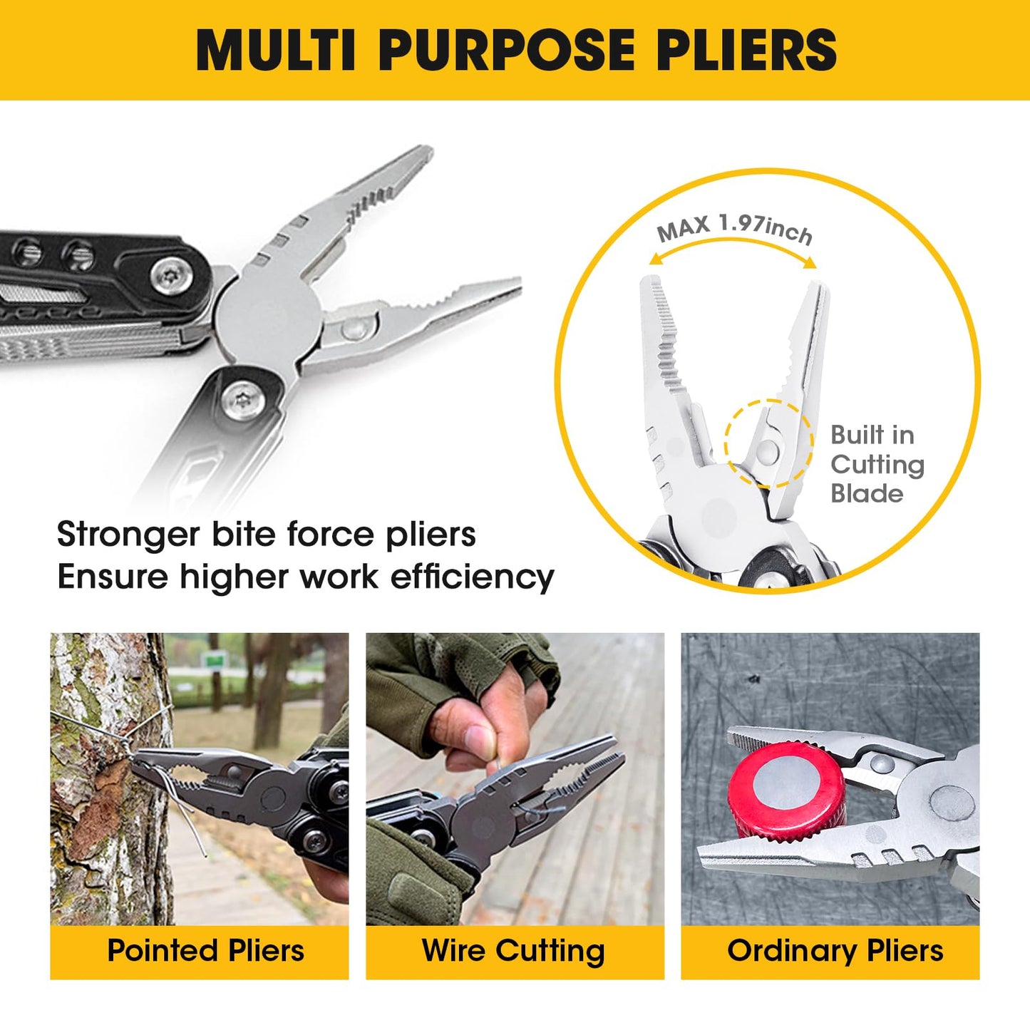 INYPTROPIC Multitool Wrench With 14 Tools/Pliers/Wire Cutter Gift for Dad.Portable Folding Multifunctional Pocket Knife Adjustable Multi Purpose Stainless Steel Tool (Silver black)