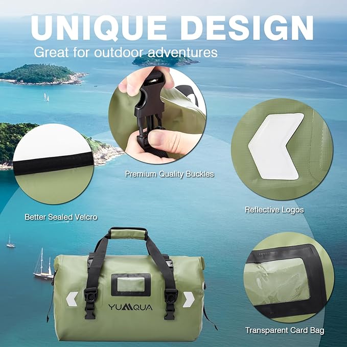 Waterproof Duffel Bag, Large Duffle Bag for Travel Heavy Duty Dry Bag with Durable Strap & Handle for Outdoor Motorcycle Boating Rafting Kayaking Paddleboarding, 40L Capacity Army Green