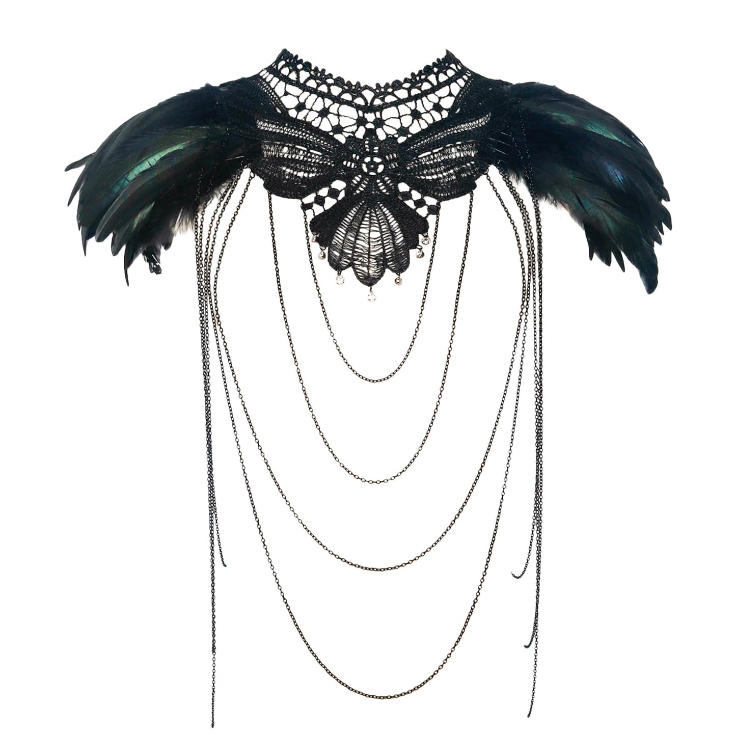 L'VOW Real Black Feather Harness Lace Collar Necklace Bib Halloween (Z-Black001)