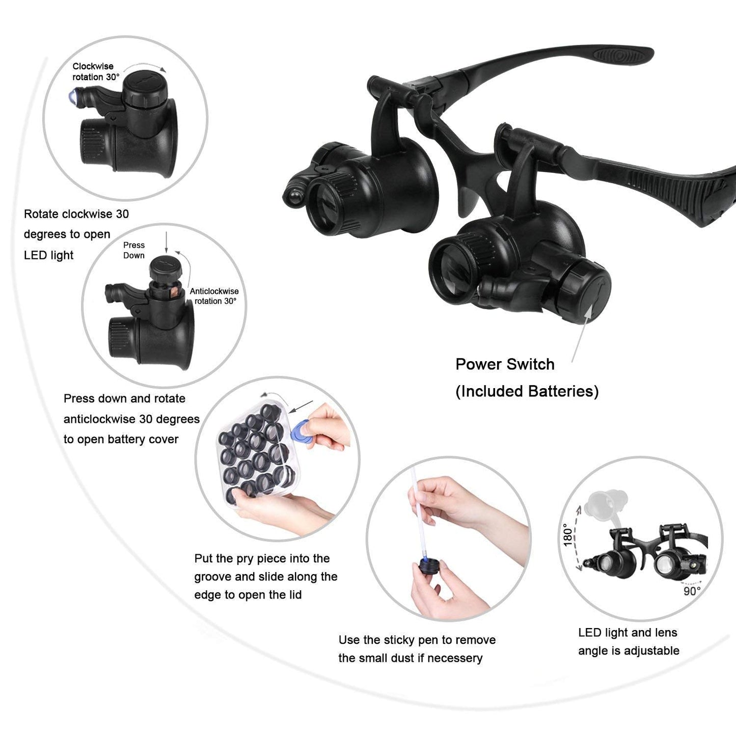 Kingscope LED Illuminated Double Eye Jeweler Watch Repair Magnifying Glasses Loupe Headband Magnifier -8 Interchangeable Lens: 2.5X/4X/6X/8X/10X/15X/20X/25X