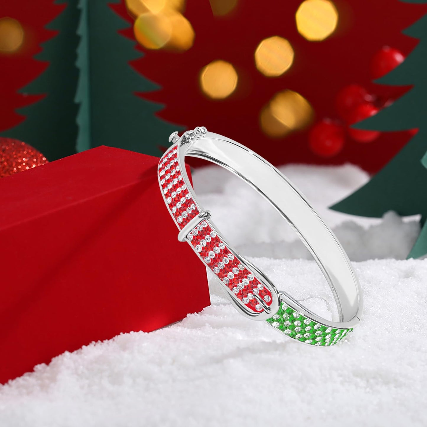 MUYUU Christmas Bangle Bracelet, Silver Plated Red and Green Bracelet, Sparkly Crystal Bracelet For Women Fashion Jewelry
