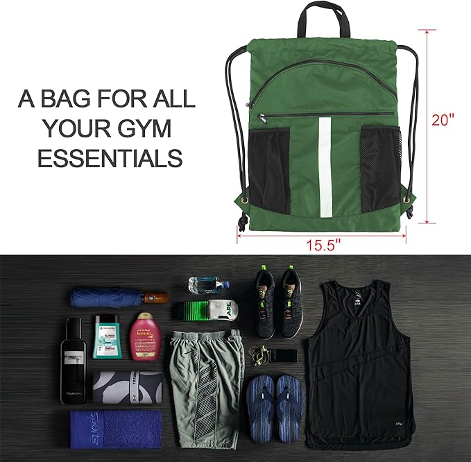 BeeGreen Drawstring Backpack Bag with Shoe Compartment, X-Large Black Gym Sports String Cinch Backpack