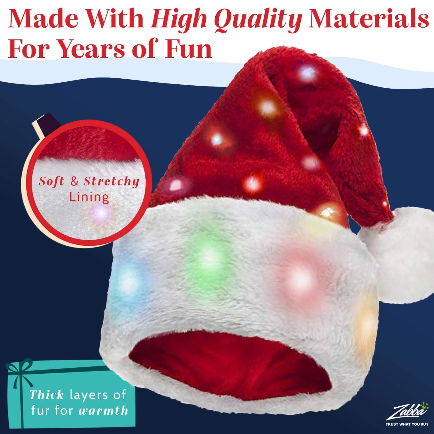 Winks Novelty Plush Santa Hat - Pack of 2 - Funny Christmas Hats for Kids & Adults with 20 Light Up, Color-Changing LED Lights and Batteries - Adult Size