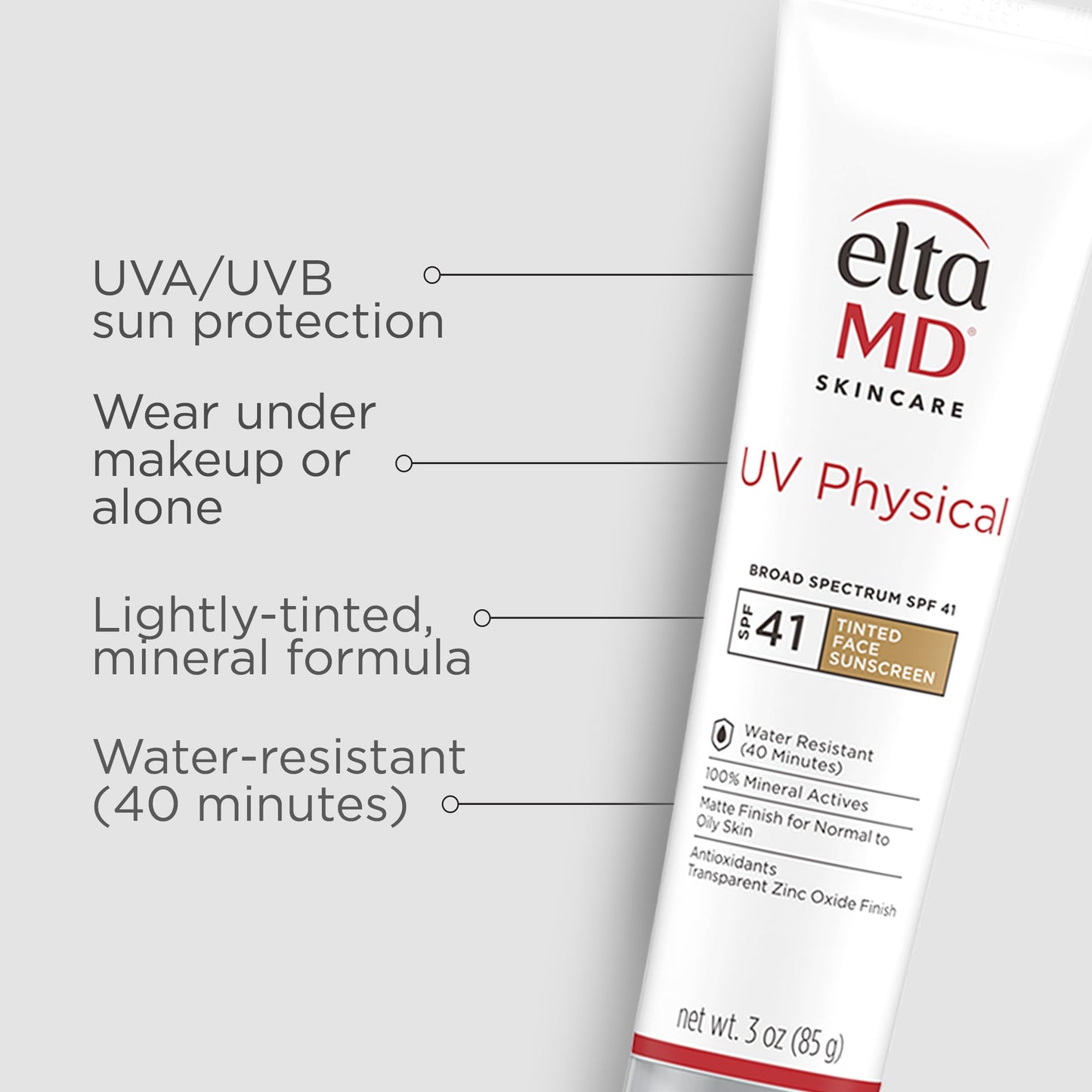 EltaMD UV Physical Tinted Mineral Sunscreen for Face - SPF 41 Tinted Sunscreen for Face, 100% Mineral Actives for Sensitive Skin, 3.0 oz Tube