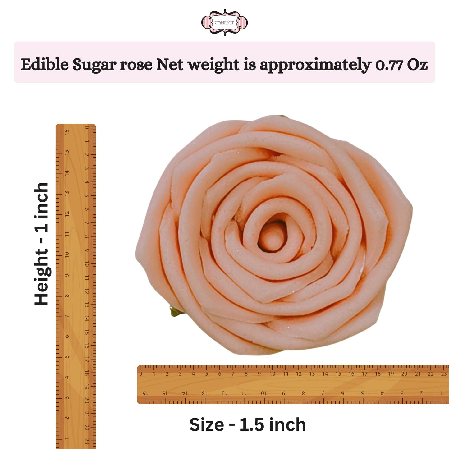 Confect Edible Rose Topper | Pretty Peach Pearl Edible Rose Toppers for Cakes, Cupcakes & Doughnuts | Perfect for Cake Decorations & Cupcake - Vegan, Dairy-Free, Palm Oil-Free - Pack of 12
