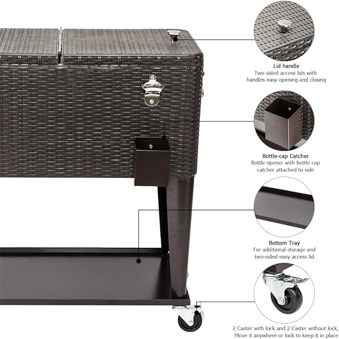 VINGLI 80 Quart Rolling Ice Chest on Wheels, Portable Patio Party Bar Drink Cooler Cart, Wicker PP Rattan with Shelf, Beverage Pool with Bottle Opener