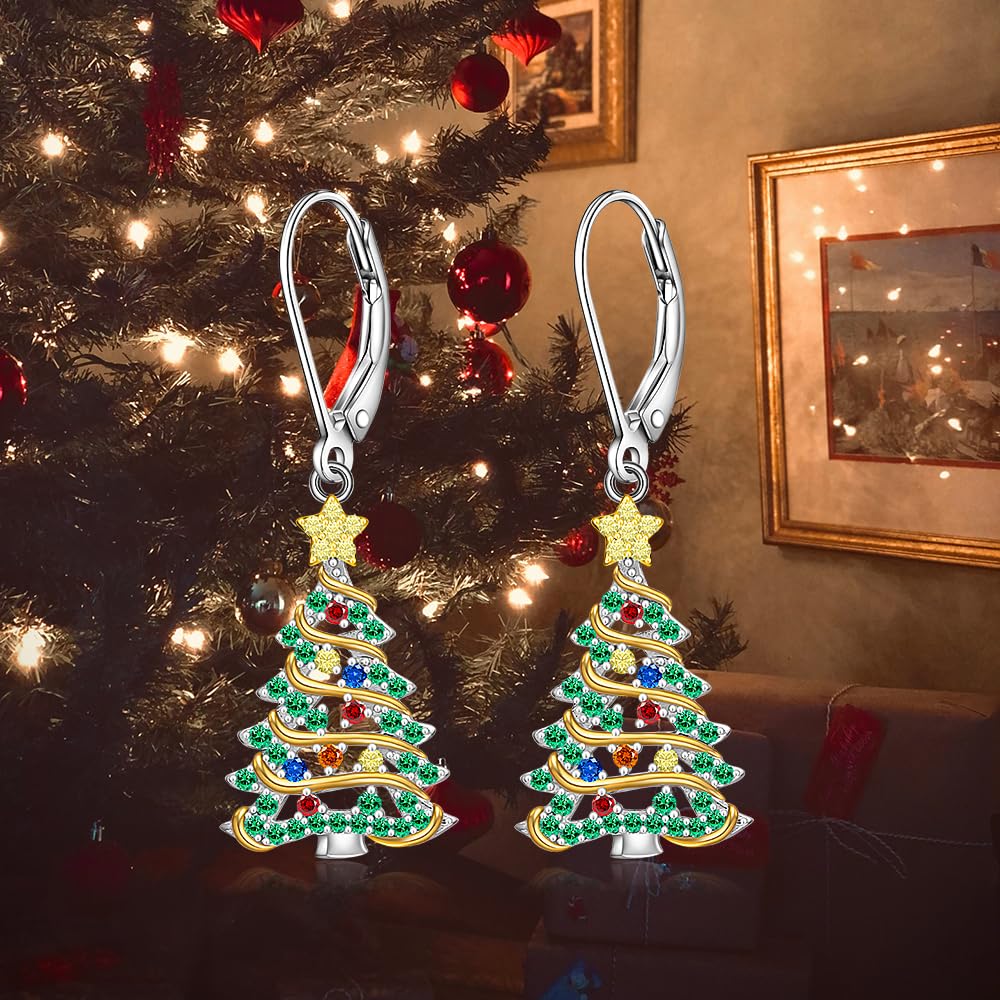 Christmas Earrings Christmas Tree Earrings for Women Sterling Silver Ribbon Green Xmas Tree Colorful Zircon Winter Dangle Studs Holiday Jewelry Gifts