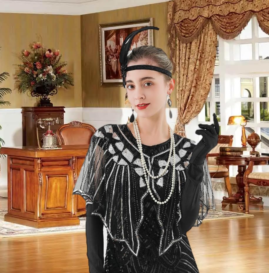 1920s Flapper Accessories Set, Roaring 20s Accessories Women Feather Headpiece Necklace Earrings Long Gloves,Black Gold