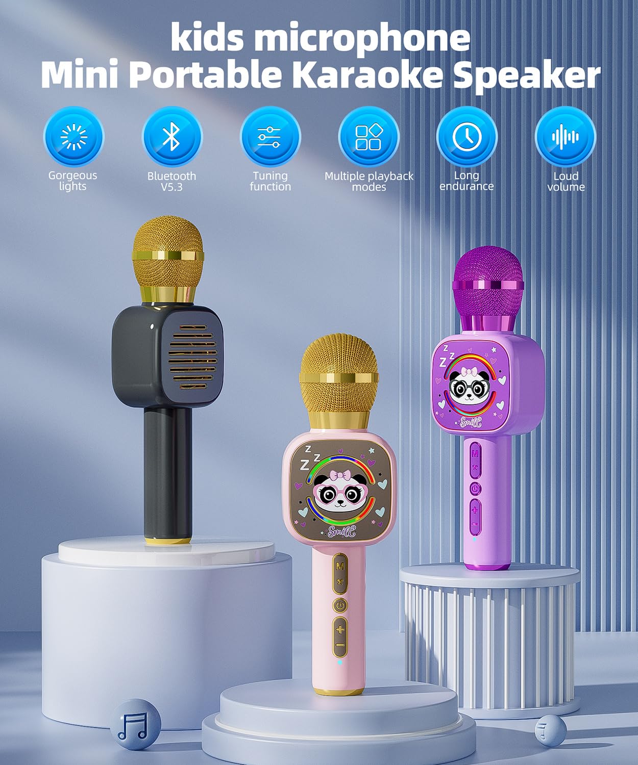 Bluetooth Karaoke Microphone Toy for Kids - Mini Portable Speaker with LED Lights, Wireless Pairing (TWS) for Duet Singing, Christmas Birthday Gift Toys for Boys & Girls Ages 2-12 (black - 1)
