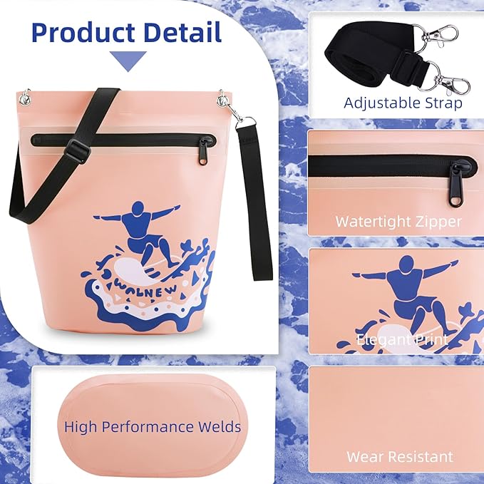 WALNEW Waterproof Dry Bag with Watertight Zipper, Lightweight Waterproof Pouch for Women Men, IPX5 Crossbody Dry Sack Keeps Gear Dry for Kayaking, Beach, Boating, Camping, Fishing, Hiking (PINK)