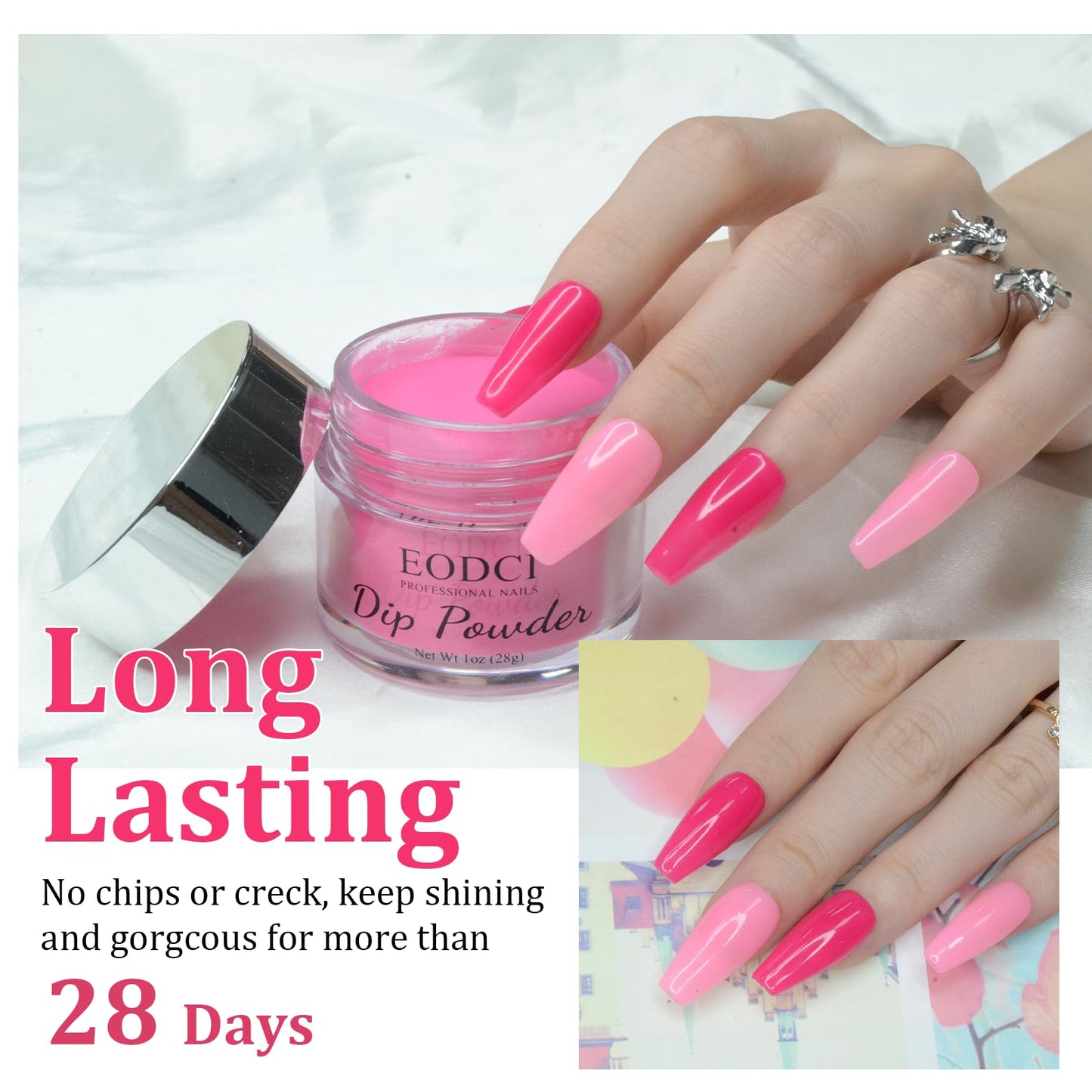 EODCI Hot Pink Dip Powder Color, Nail Dipping Powder French Powder Pro Collection System Nail Art Starter Manicure Salon DIY at Home, Odor-Free&Long-Lasting, No Needed Nail Lamp Curing, 1 Oz