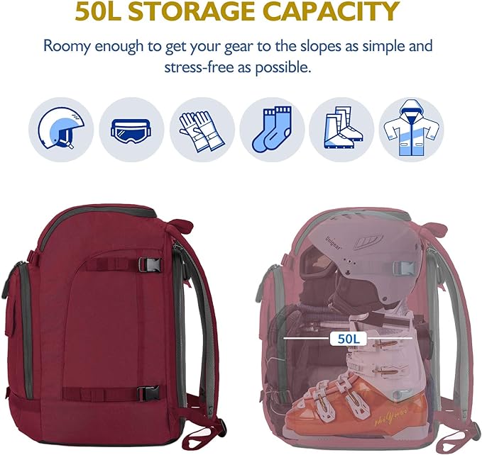 Unigear Ski Boot Bag, 50L Ski Boot Travel Backpack for Ski Helmet, Goggles, Gloves, Skis, Snowboard & Accessories (Red)