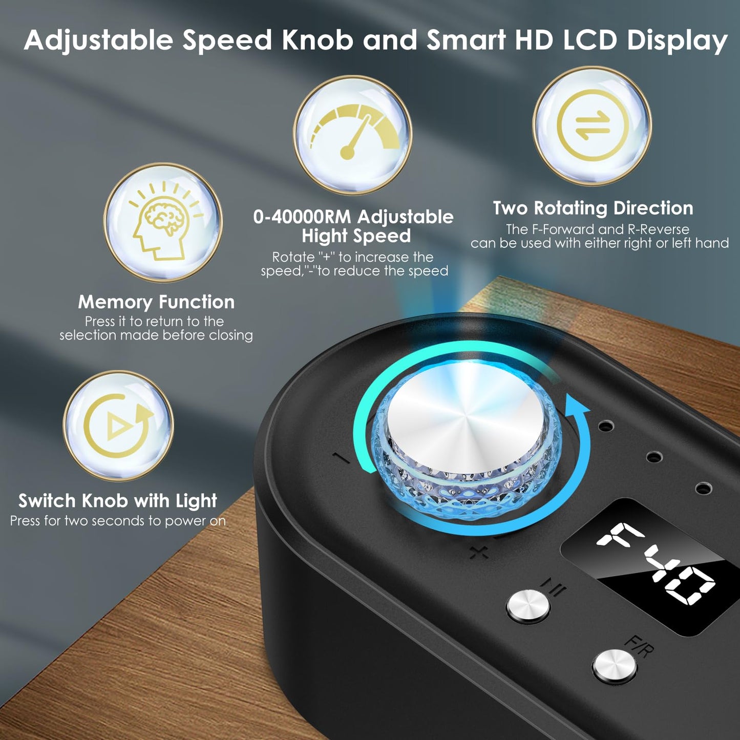 Electric Nail Drill Machine, 40000RPM Professional E File Nail Drill Kit for Gel Acrylic Nails,High Speed Low Vibration Low Heat Nail Grinding with LED Light, 7 Bits, F/R Rotation, LCD Screen (Black)