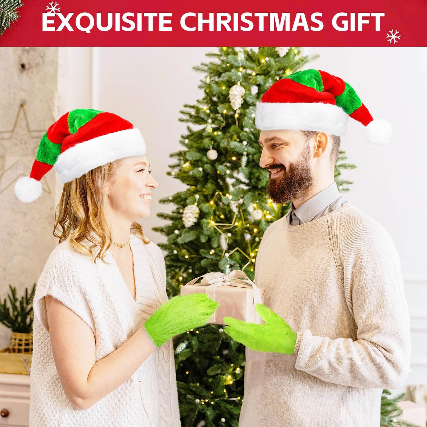 TIZHJOZI Christmas Hat, Santa Hat and Furry Gloves, Soft Plush Santa Costume for Adult, Christmas Party Headwear Accessories