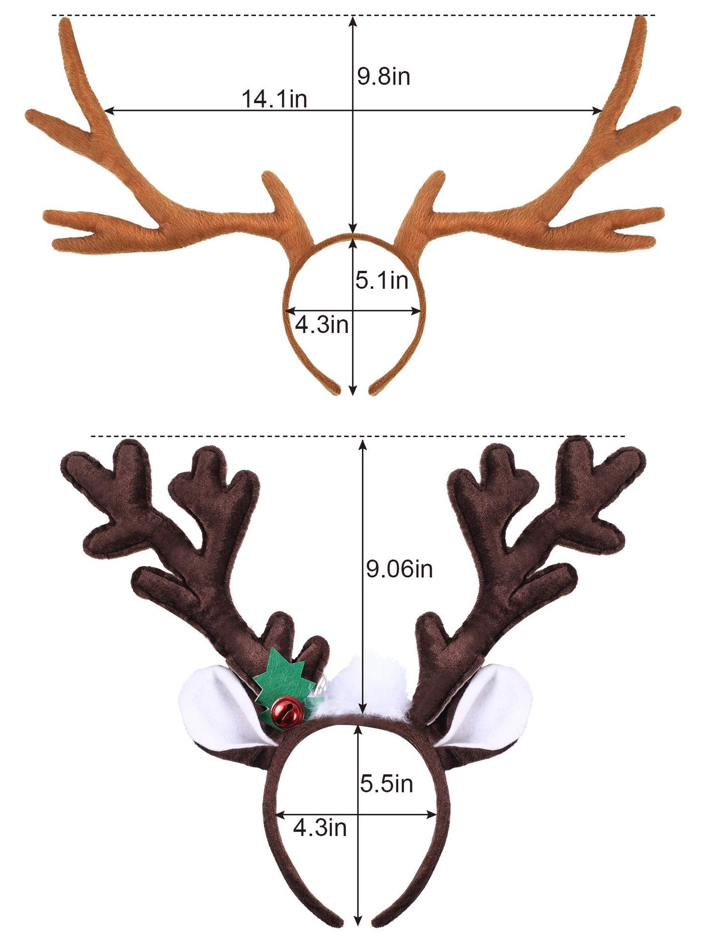 2 Pieces Christmas Reindeer Headband Antlers Hairband Headwear Accessories for Christmas Party Decoration, 2 Styles (Dark Brown, Light Brown)