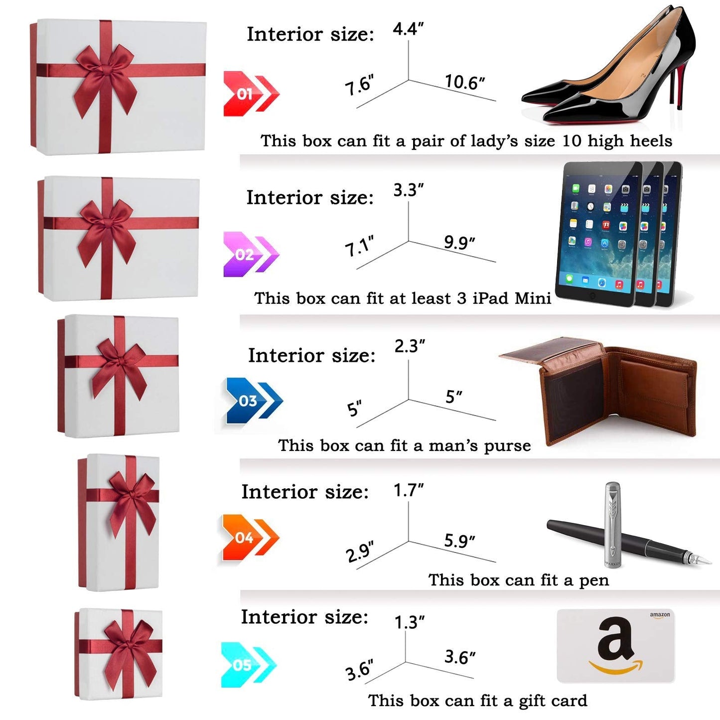 Eerbaier Gift Boxes with Lids for Presents, 5 Sizes Gift Wrap Boxes, Present Boxes for Weddings, Birthdays, and All Gift Giving Occasions(Red/White)