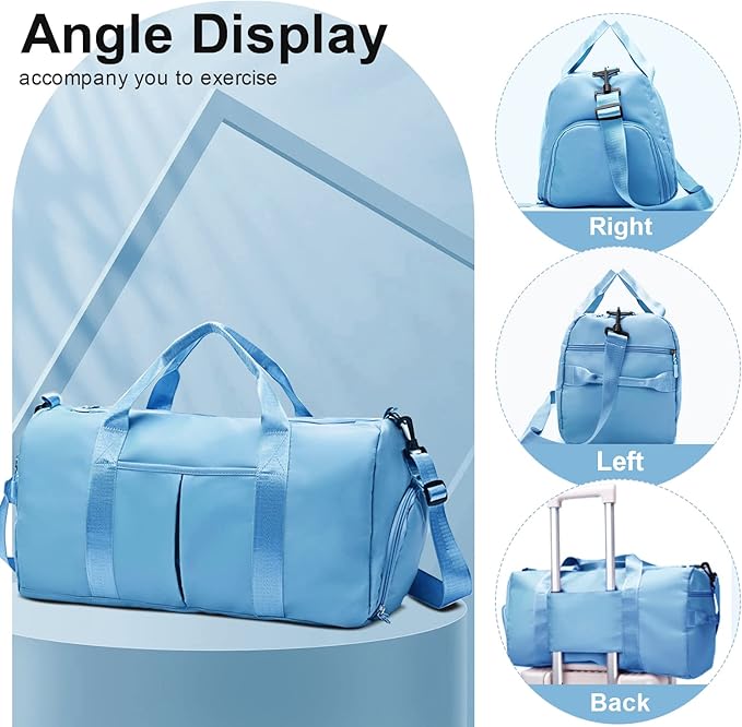 ZGWJ Sports Gym Bag with Wet Pocket & Shoes Compartment, Waterproof Shoulder Weekender Bag for Women and Men Swim Sports Travel Gym Bag Lightweight and easy Carry on Light Blue