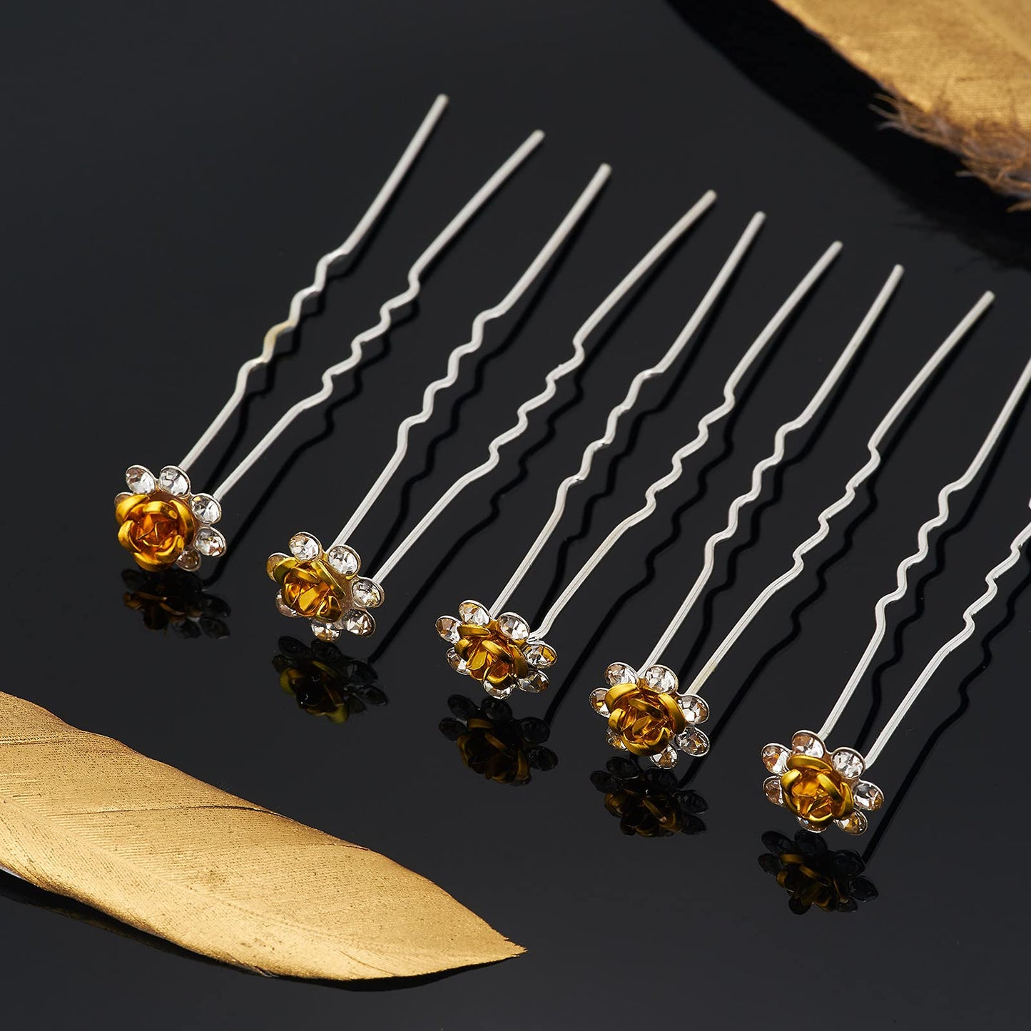 QIUTIMIY 20 Pack (Yellow) Crystal Hair Pins Rose Flower Rhinestone Hair Clips for Bridal Wedding Women Hair Jewelry Accessories, with Clear Container