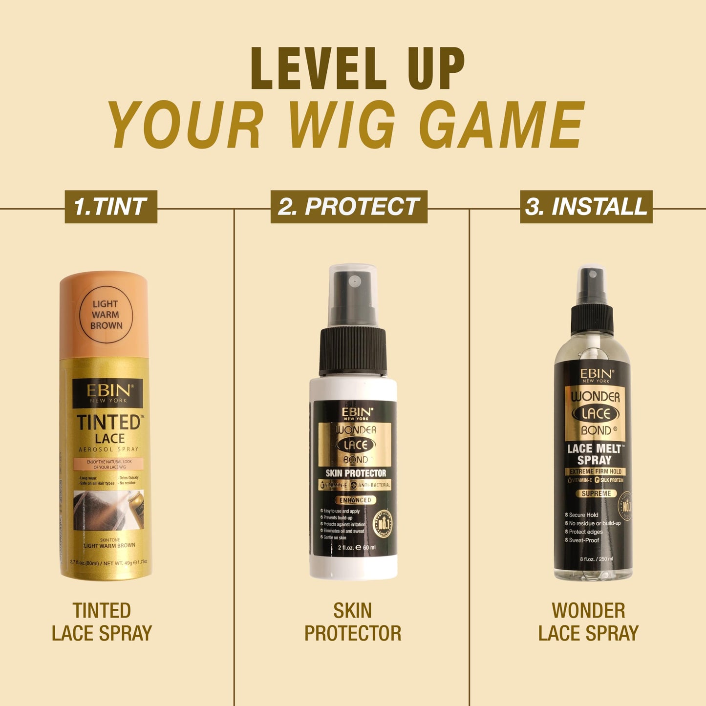 EBIN NEW YORK Tinted Lace Spray - Cool Deep Brown 2.7oz/ 80ml, Quick dry, Water Resistant, No Residue, High pigmentation, Even Spray, Matching Skin Tone, Natural Look, Tinted Spray for Wig