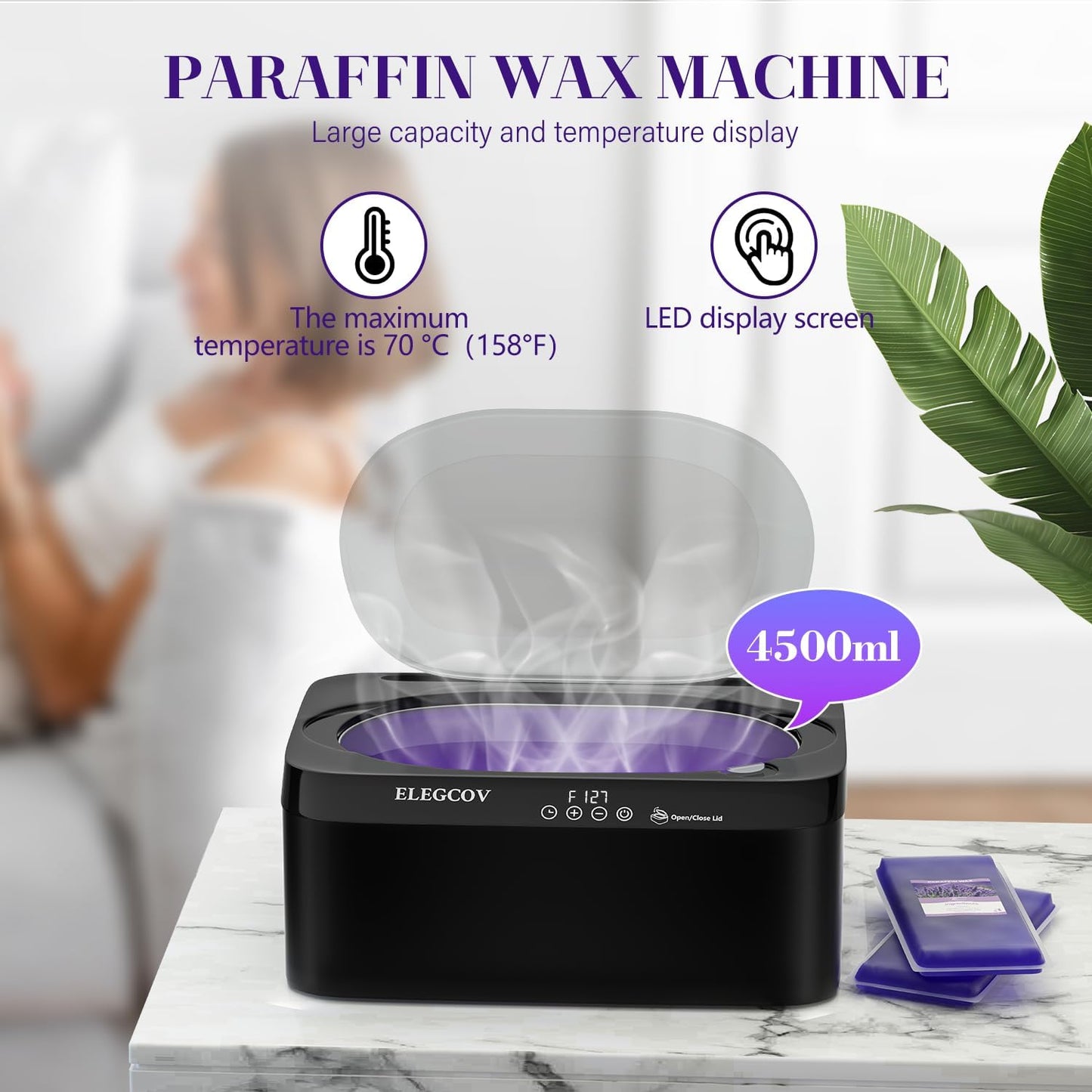 ELEGCOV Paraffin Wax Machine for Hand and Feet, 4500ml Paraffin Warmer with 8 Pack Paraffin Wax Refills, Precision Temperature Control for Reservation Paraffin Wax Bath, Fast Wax Meltdown, Black