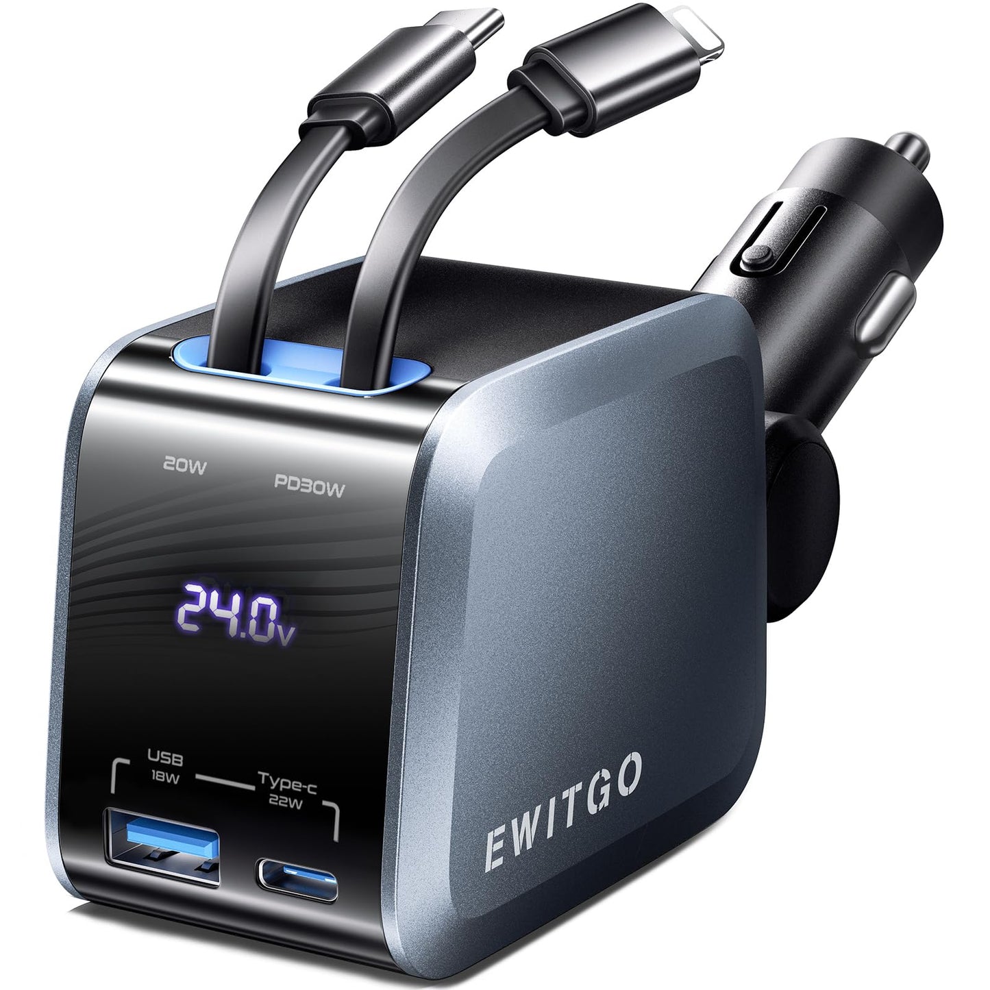 EWITGO Retractable Car Charger, Car Accessories, 72W Fast Charging USB C Car Charger with 4FT Retractable Cables and 2 Ports, for iPhone 16 15 14 13 12, Samsung etc Warm Grey