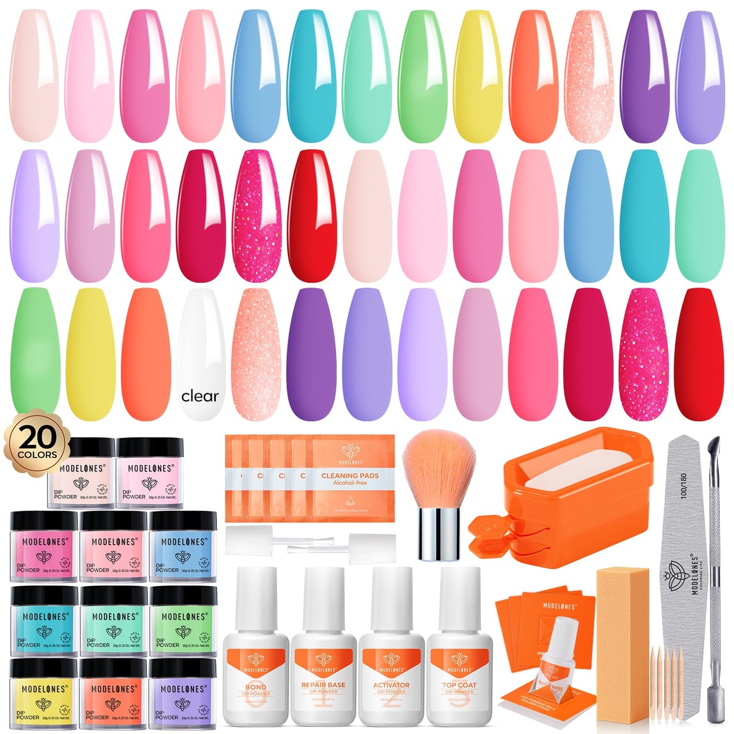 Modelones Dip Powder Nail Kit Starter, 20 Colors Summer Clear Pink Dipping Powder Liquid Set Base&Top Activator for French Nail Art Salon DIY Kit