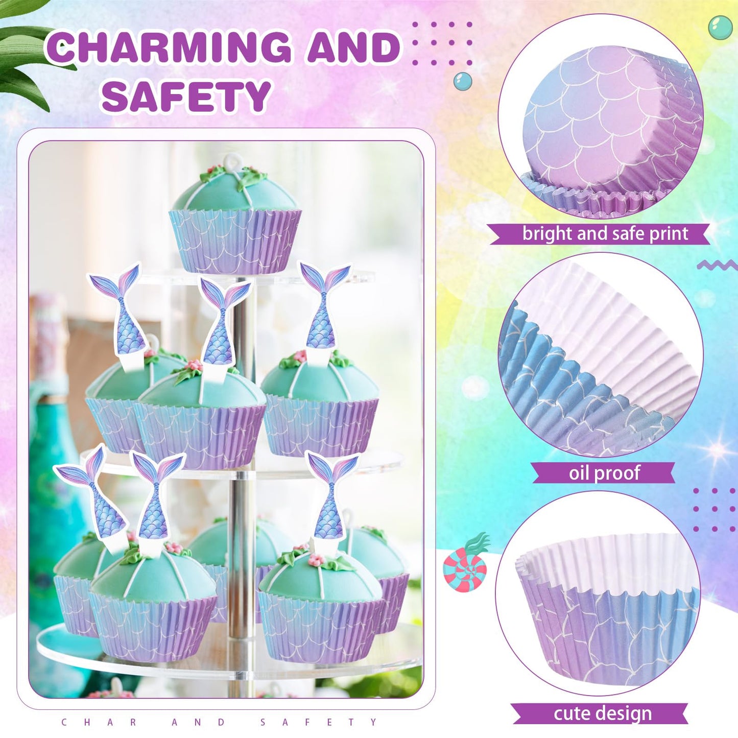 Vesici 200 Counts Cupcake Liners and 200 Counts Cupcake Toppers Round Baking Cups Greaseproof Muffin Liners for Graduation Wedding Baby Shower Birthday Theme Party Supplies(Mermaid)