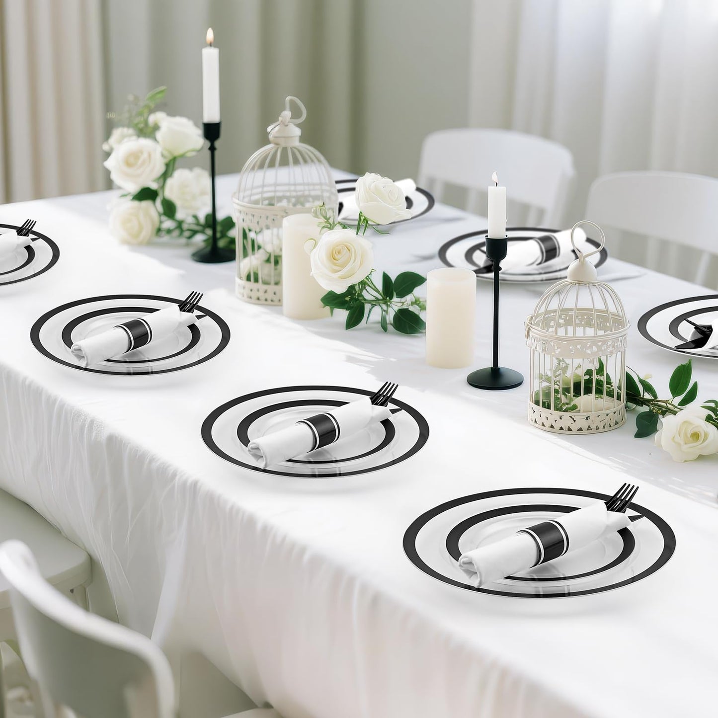 210 Pcs Black Plastic Dinnerware Set for 30 Guests - Includes 30set of Dinner Plates, Dessert Plates, Clear Plastic Cups, and Black Pre-Rolled Napkins with Cutlery Set, Disposable Party Supplies