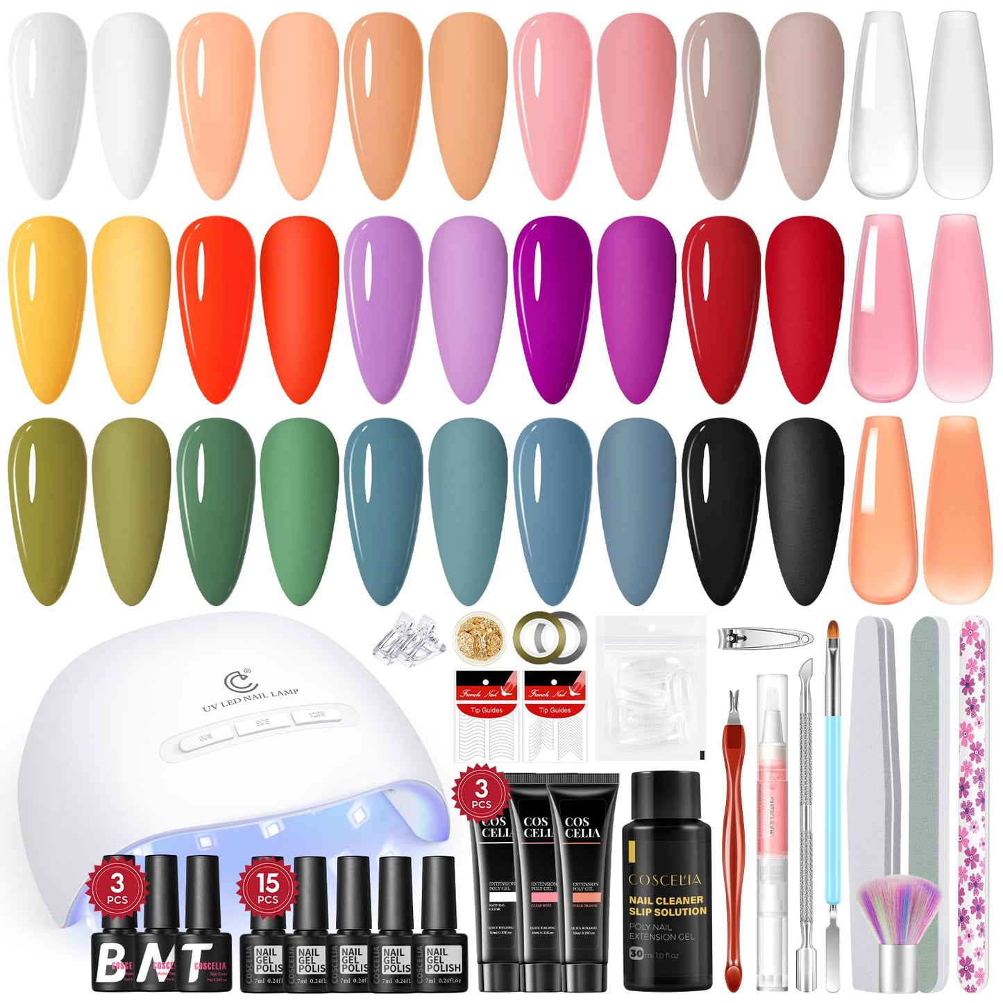 COSCELIA Gel Nail Polish Kit with U V Light, 18 Colors Nude Pink White Brown Gel Nail Kit 3PC Poly with Glossy Top Coat Base Coat Art Rhinestones Manicure Tools for Women Salon DIY