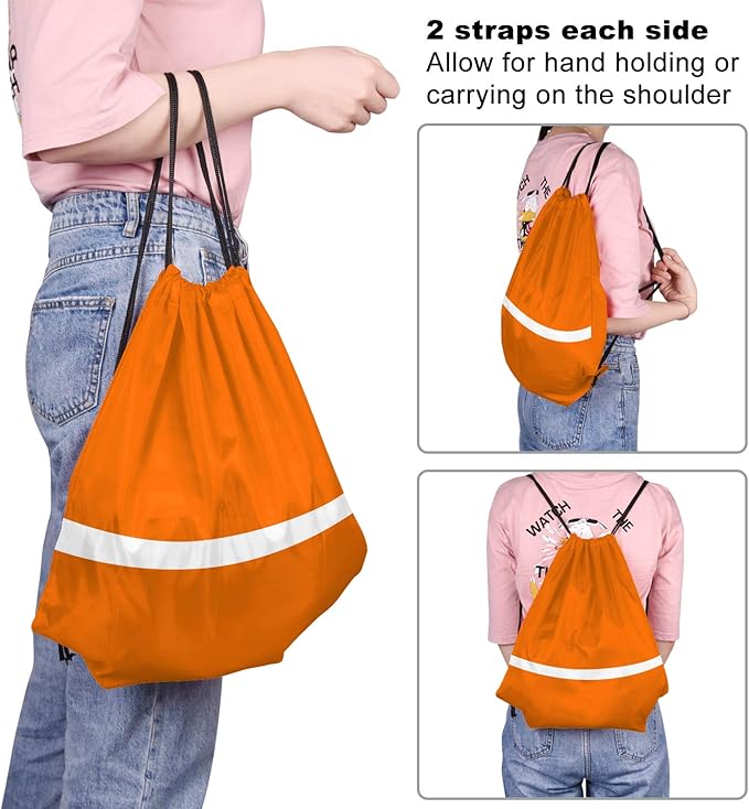 KUUQA 12 Pcs Drawstring Backpack Bag Bulk Reflective Backpack Orange String Bags Cinch Sack Backpack for Team Yoga Sport Gym Traveling