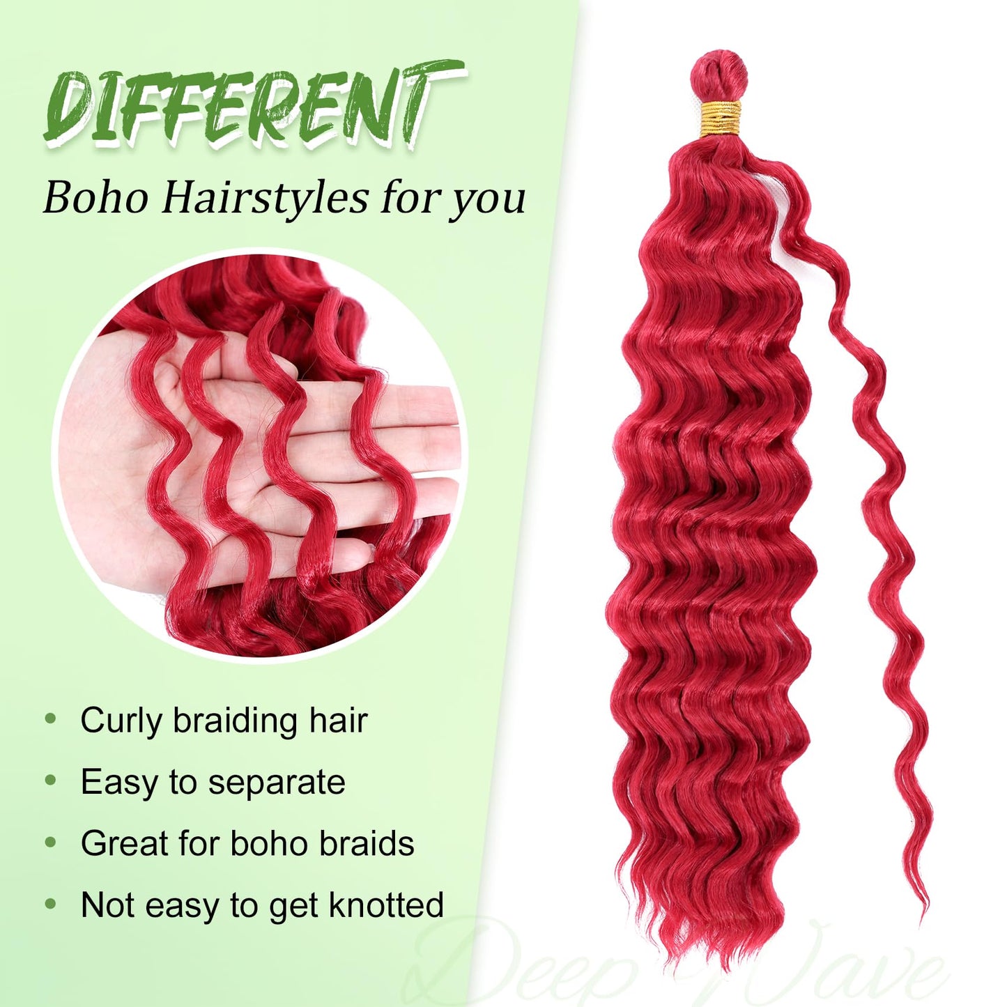 EERYA Long Curly Braiding Hair 18 Inch 2 Packs Red Ocean Wave for Black Women Deep Wave Braiding Hair for Boho Braids (18 inch, Red)