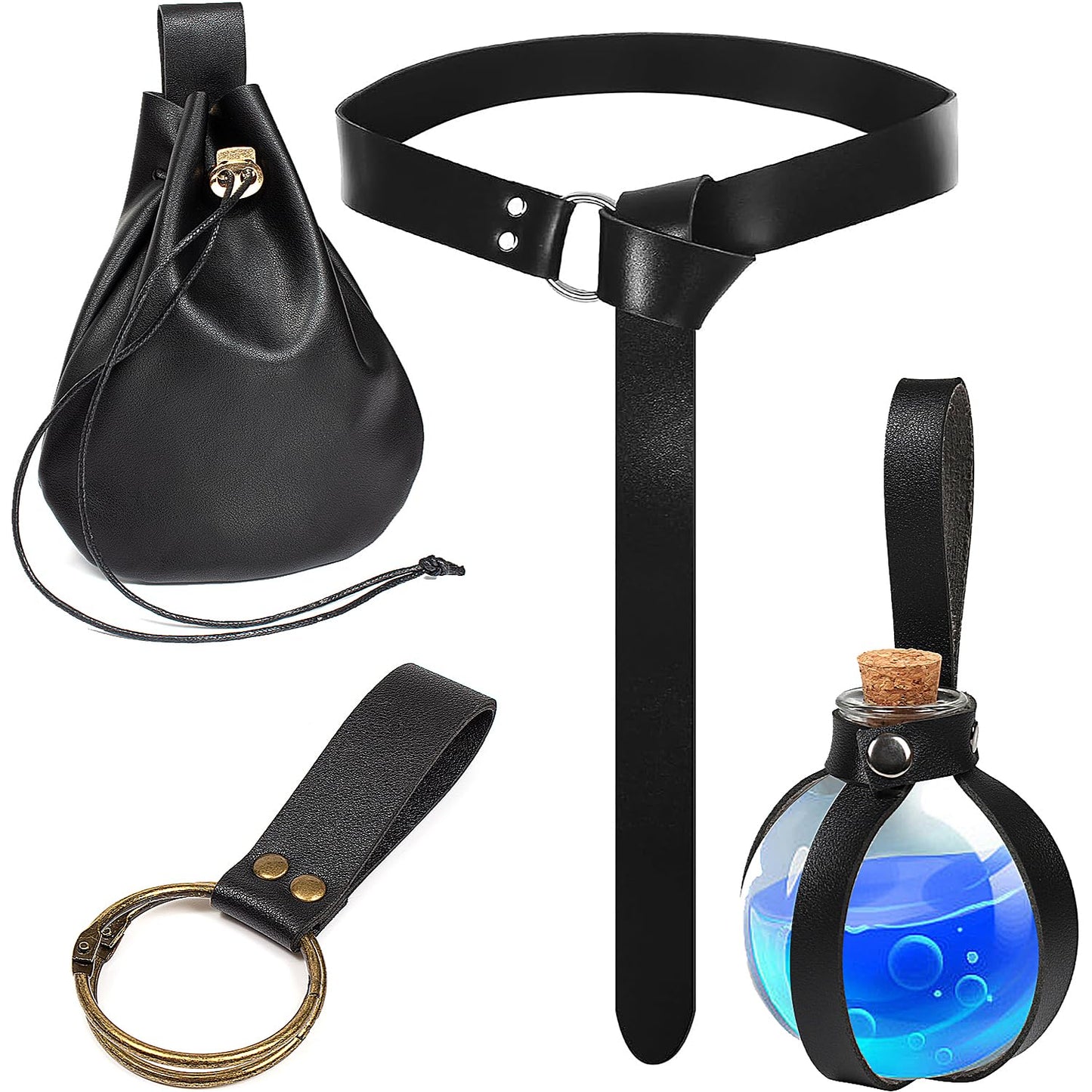 SUMGOGO 4 Pcs Halloween Renaissance Belt Pouch Witch Bottle Skirt Hikes Medieval Viking Pirate Leather Belt Costume Set (Black)