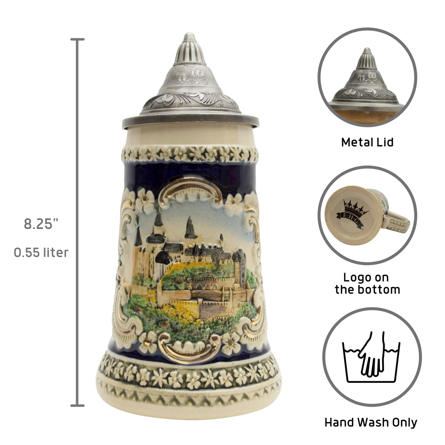 Essence of Europe Gifts 0.6 Liter German Beer Stein with Lid - Engraved Hand Painted Medieval Castle Beer Steins Mug - Oktoberfest Ceramic Tankard Beer Mug