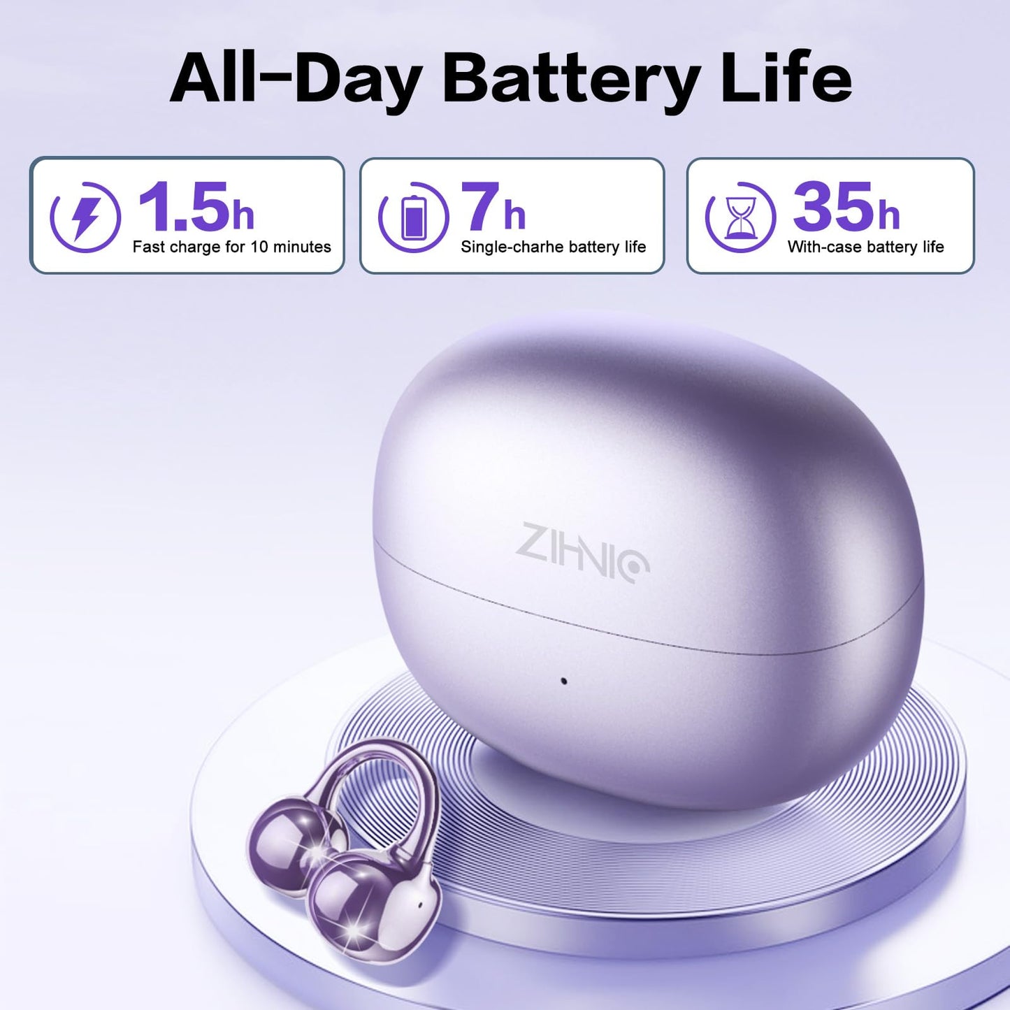 ZIHNIC S26 S26 Wireless Clip on Earbuds, Open Ear Wireless Bluetooth 5.4 Headphones with Mic, IPX5 Waterproof, 35Hr Play time, Light Weight -Purple