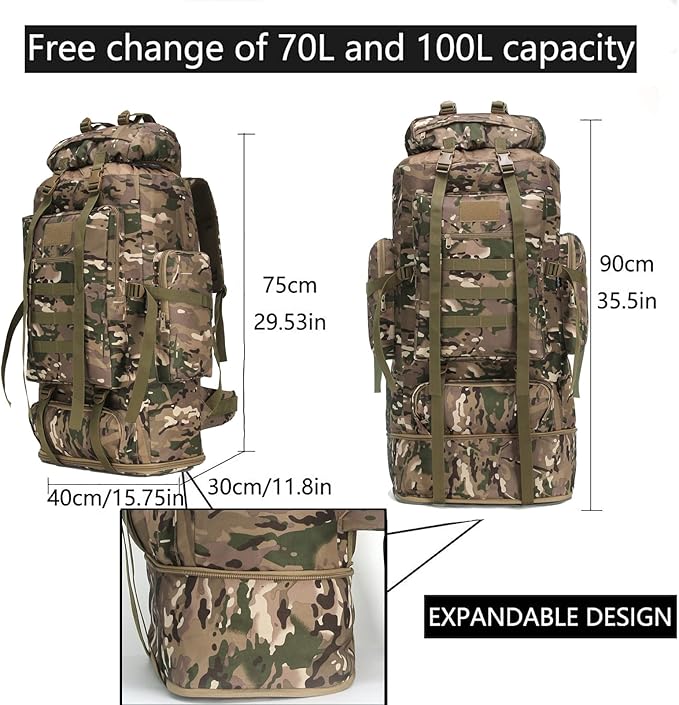 Hiking Backpack for Men 70L/100L Camping Backpack Military Rucksack Molle 3 Days Assault Pack for Climbing