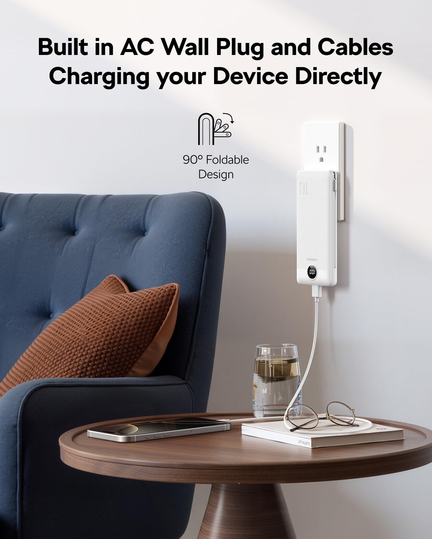 VEGER AC Wall Plug Portable Charger, 10000mah Slim Portable Charger Built in Cables, USB C Power Bank 15W Fast Charging, Travel Essential Battery Pack Compatible with iPhone, Android and More(White)